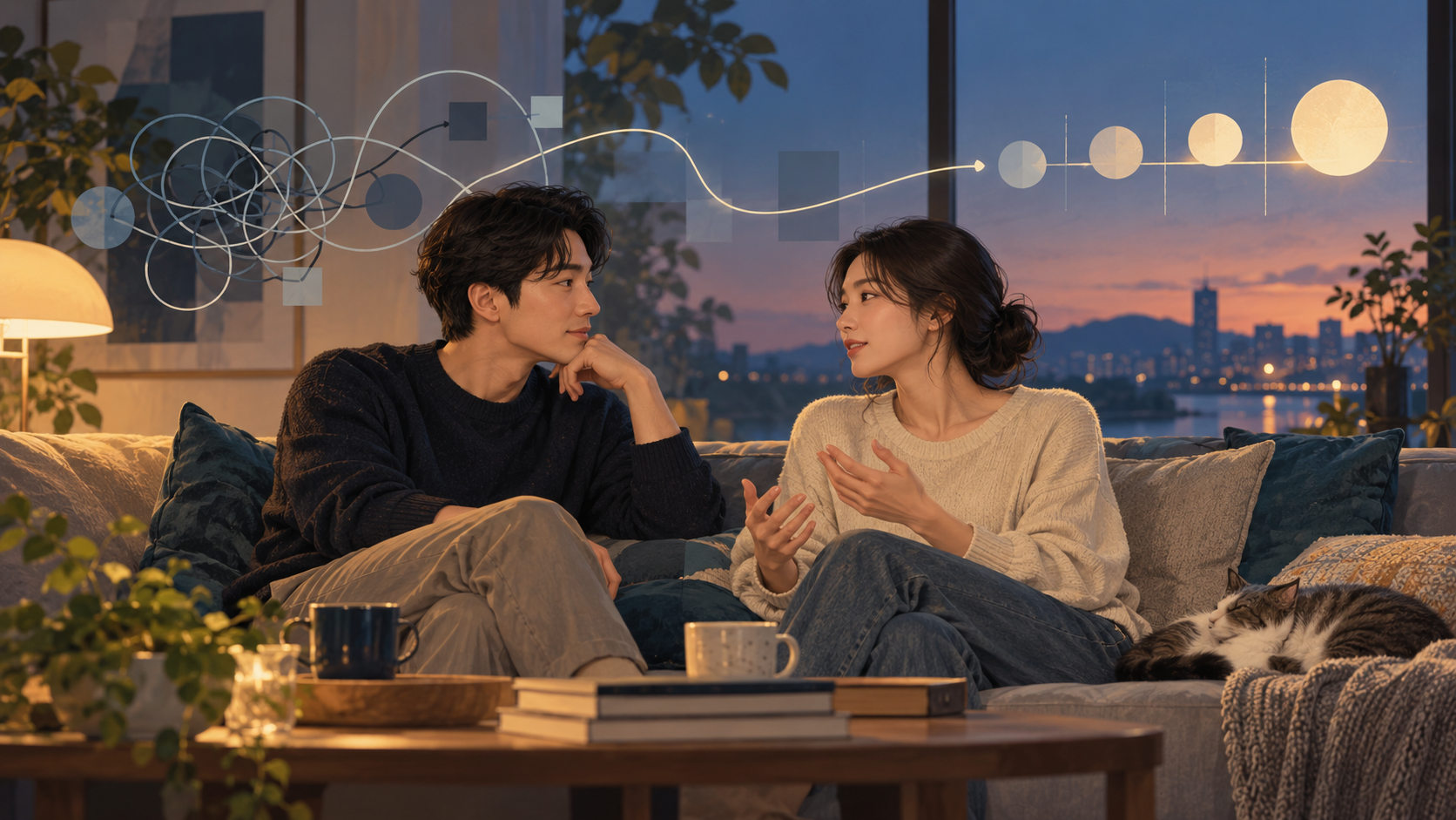 저녁 거실에서 차분히 대화하는 두 연인과 복잡한 선이 명료한 경로로 정리되는 모습을 담은 편집 이미지