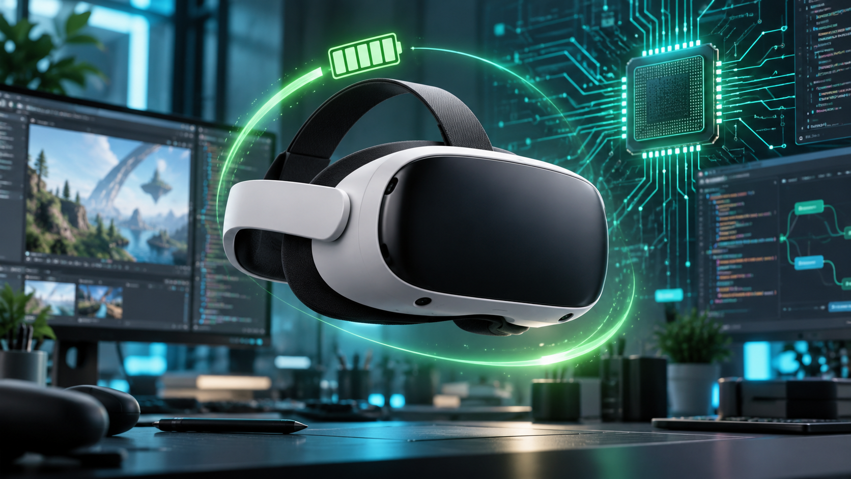 개발자 작업실에서 배터리 에너지와 ARM 프로세서 회로가 연결된 무표식 VR 헤드셋 편집 이미지